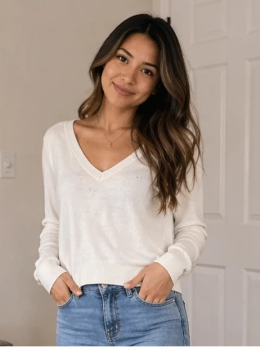 V neck - size Medium  white sweater
